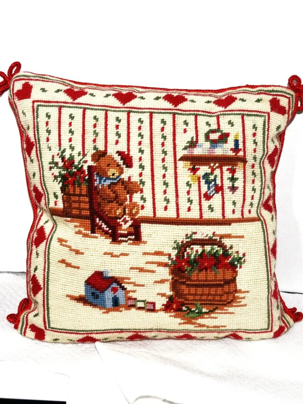 Vintage Needlepoint Christmas Pillow Teddy Bear & Basket Scene Red Velvet Bac